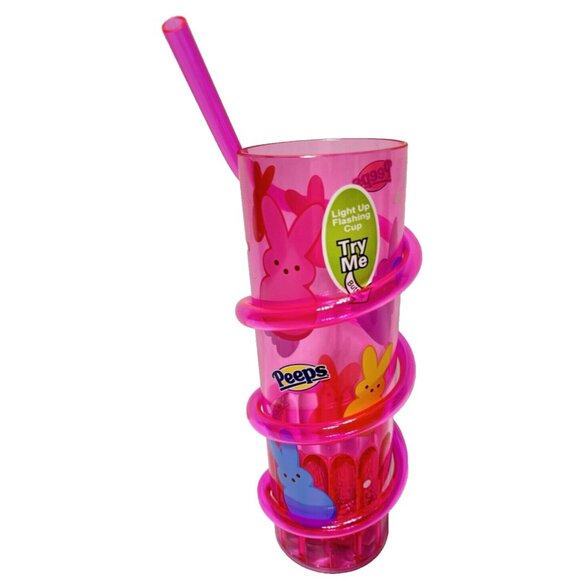 Kids Peeps Cup With Straw Light Up Activated Push Button Pink Colourful Bunnies - Picture 1 of 6
